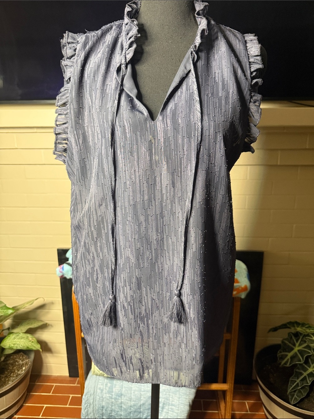 Joie Slate Blue Sleeveless Ruffle Tie-Neck Blouse